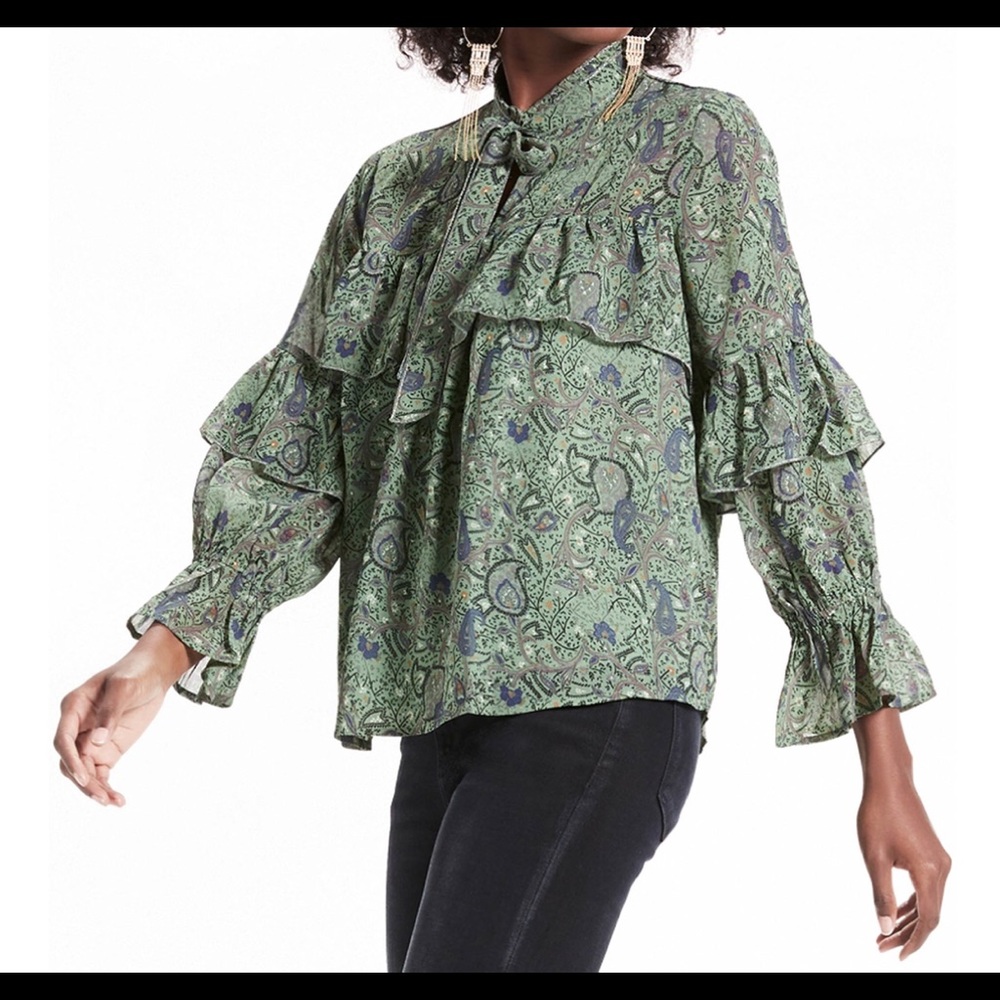 Lucky Brand High Neck Green Chiffon Blouse - Picture 2 of 4